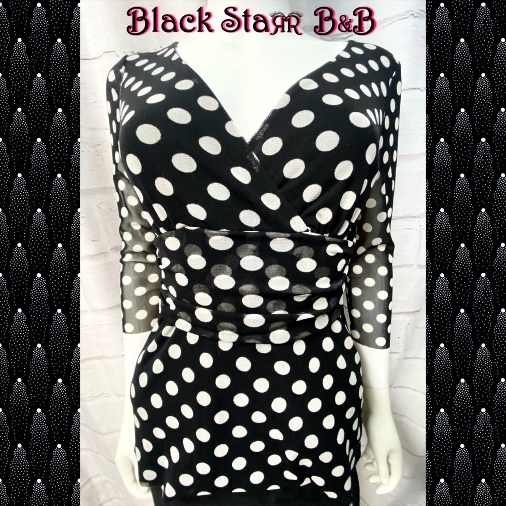 Black & white polkadot 3/4” sleeve chiffon blouse by INC International Concepts